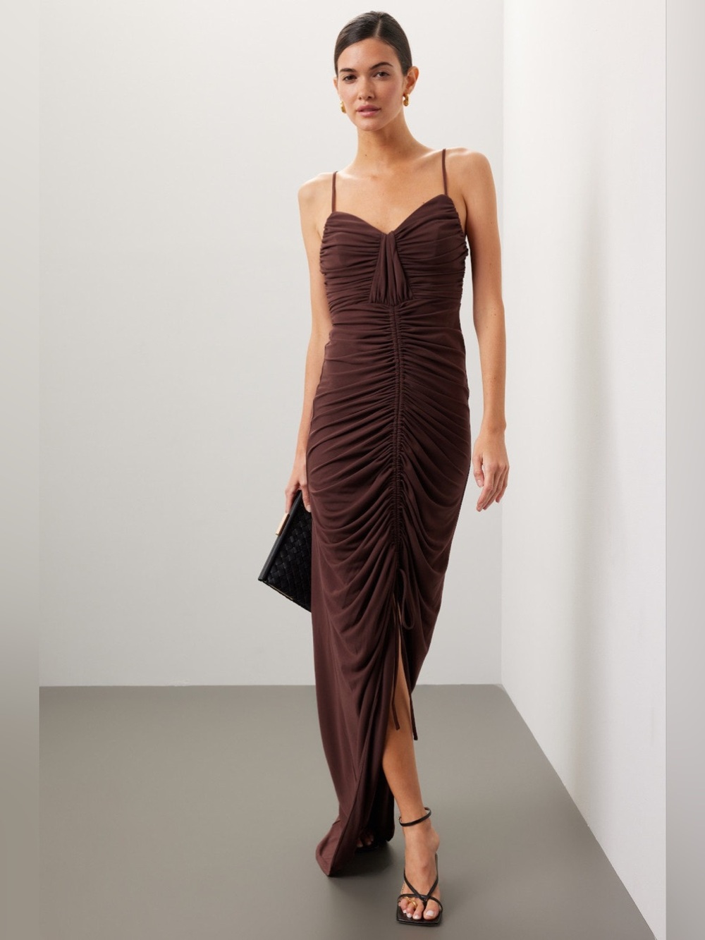 Ronny Kobo Collection Brown Ruched Spaghetti-Strap Maxi Dress